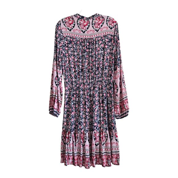 SHEILAY Women's XL Dress Floral Peasant Navy Red Pink 1/2 Buttons Flare Ruffle - Picture 7 of 7